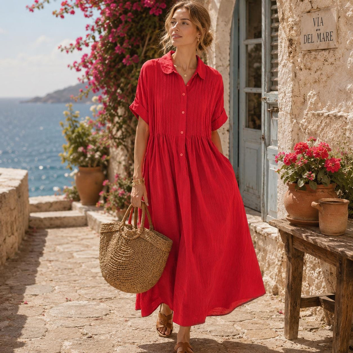 Cotton Linen Maxi Shirt Dress: Loose Fit, Button Down, Pleated, Boho Casual with Pockets