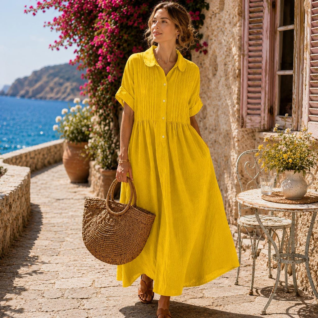 Cotton Linen Maxi Shirt Dress: Loose Fit, Button Down, Pleated, Boho Casual with Pockets