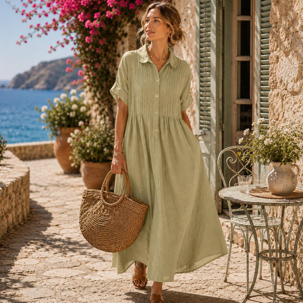 Cotton Linen Maxi Shirt Dress: Loose Fit, Button Down, Pleated, Boho Casual with Pockets