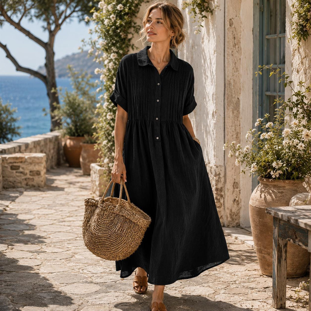 Cotton Linen Maxi Shirt Dress: Loose Fit, Button Down, Pleated, Boho Casual with Pockets