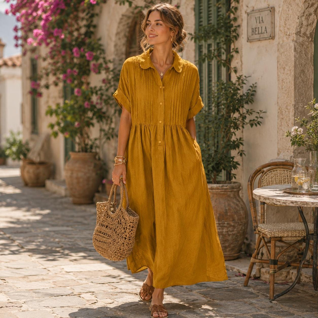 Cotton Linen Maxi Shirt Dress: Loose Fit, Button Down, Pleated, Boho Casual with Pockets