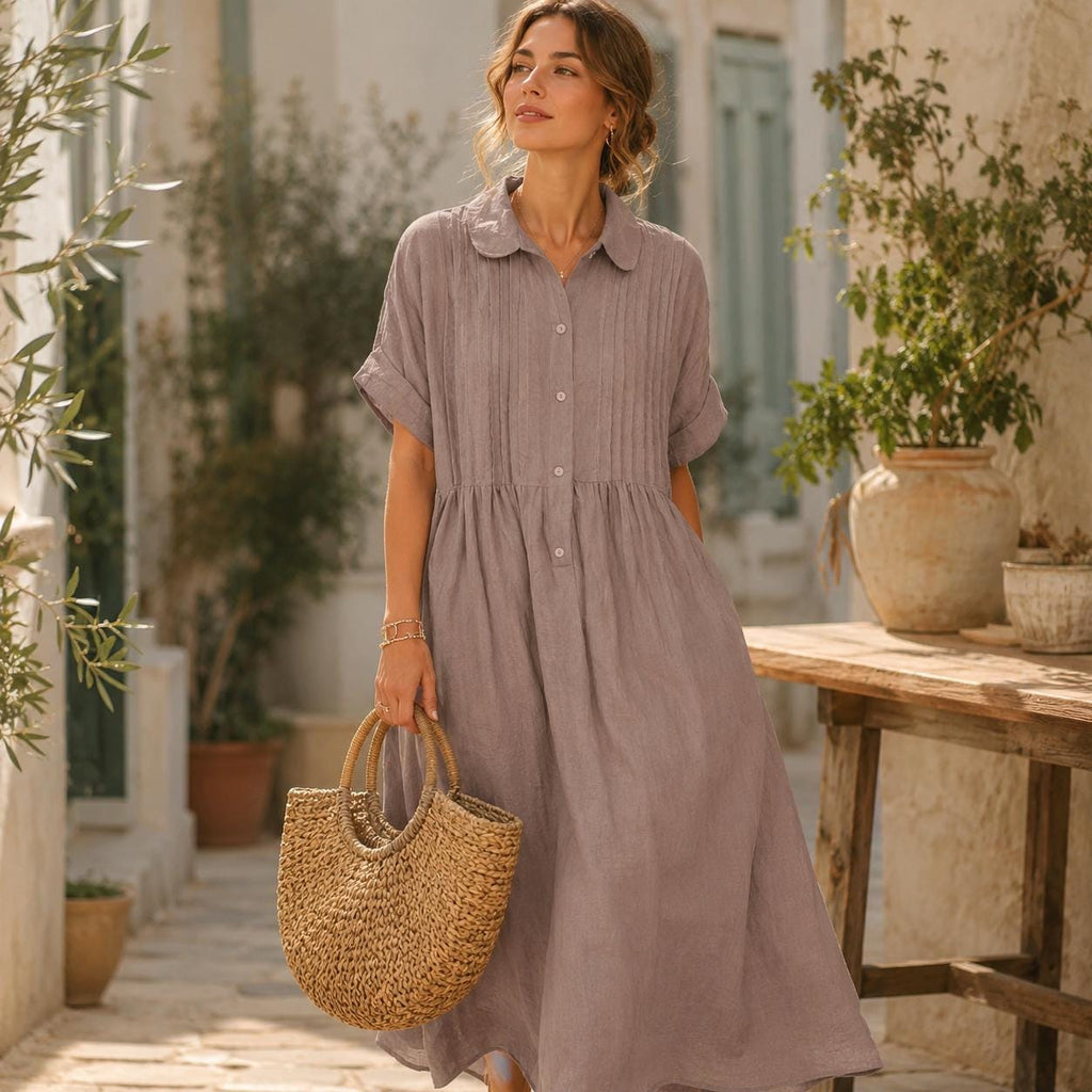 Cotton Linen Maxi Shirt Dress: Loose Fit, Button Down, Pleated, Boho Casual with Pockets