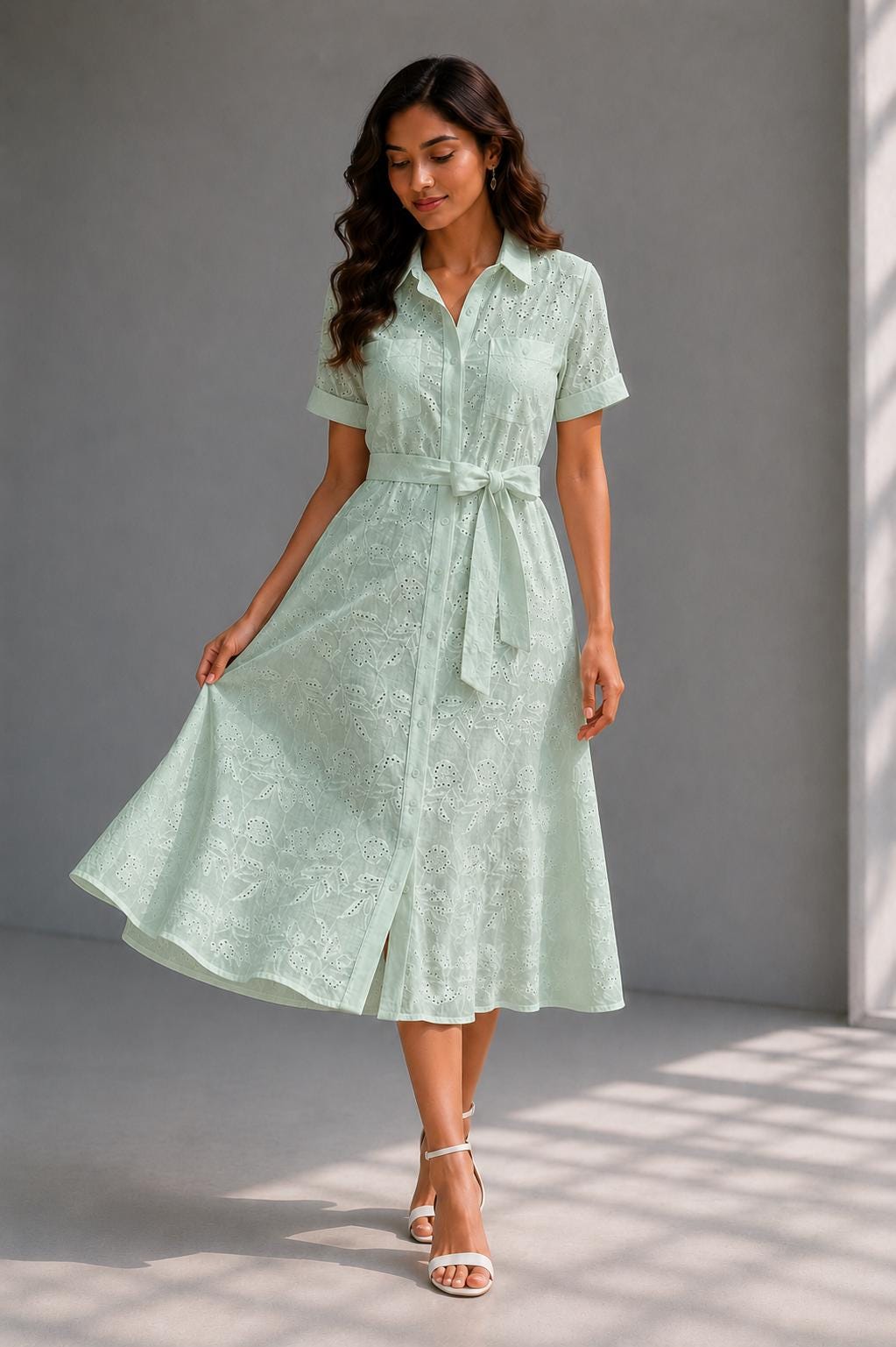 Eyelet Cotton Shirt Dress | Soft Summer Midi Dress | Beach Resort Wear