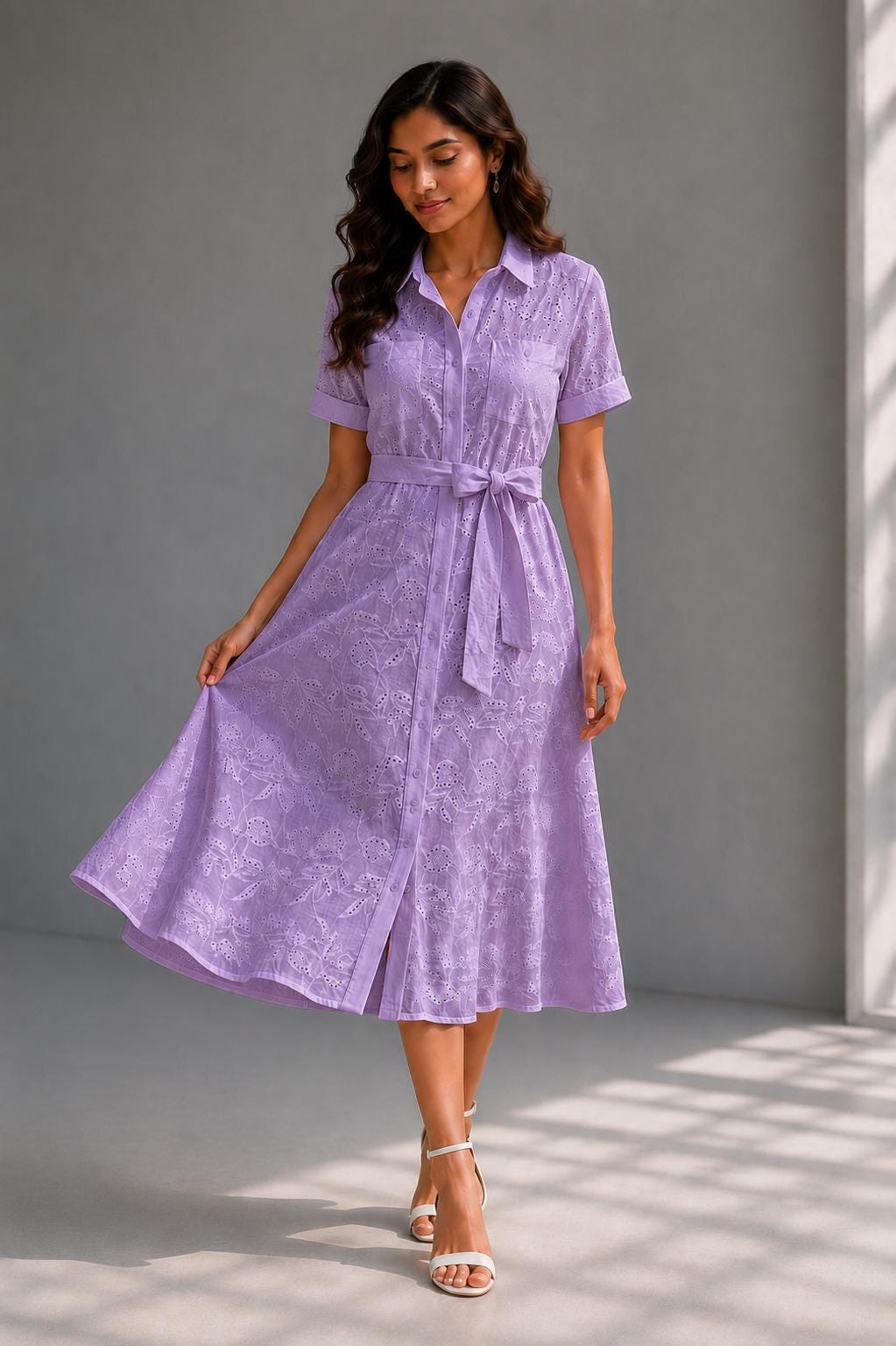Eyelet Cotton Shirt Dress | Soft Summer Midi Dress | Beach Resort Wear