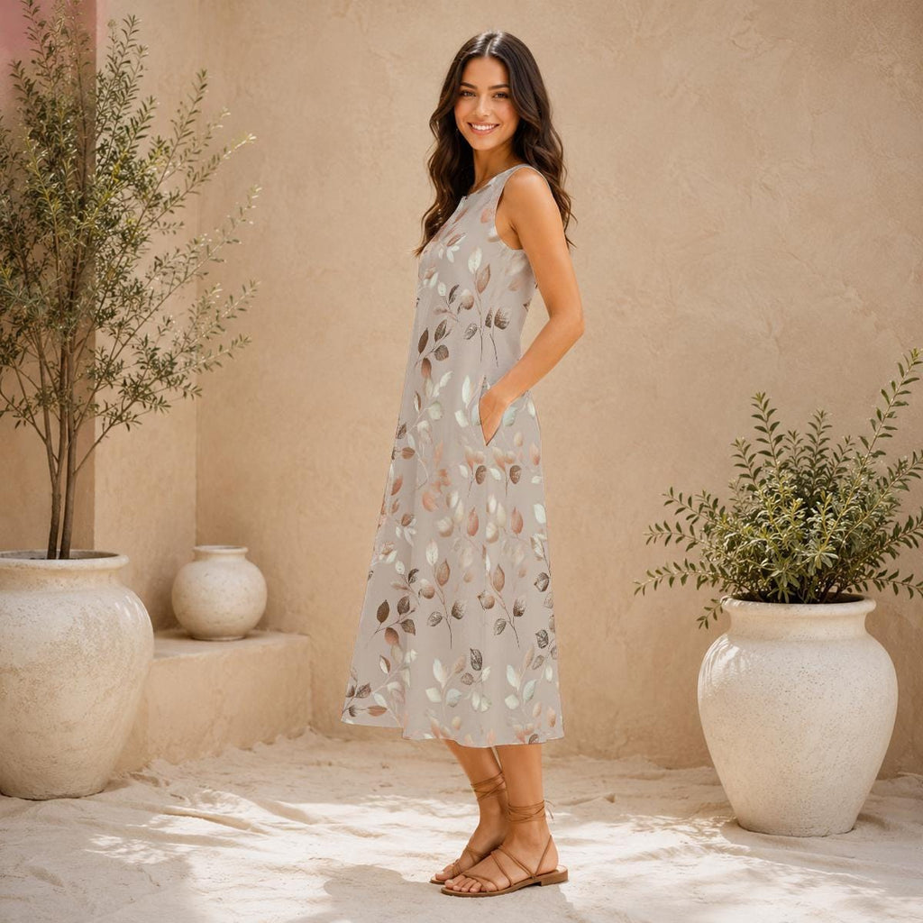 Beige Terracotta Leaf Maxi Dress | Watercolor Botanical Boho Summer A-Line Silhouette