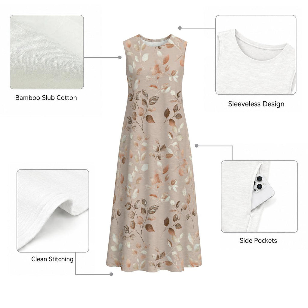 Beige Terracotta Leaf Maxi Dress | Watercolor Botanical Boho Summer A-Line Silhouette