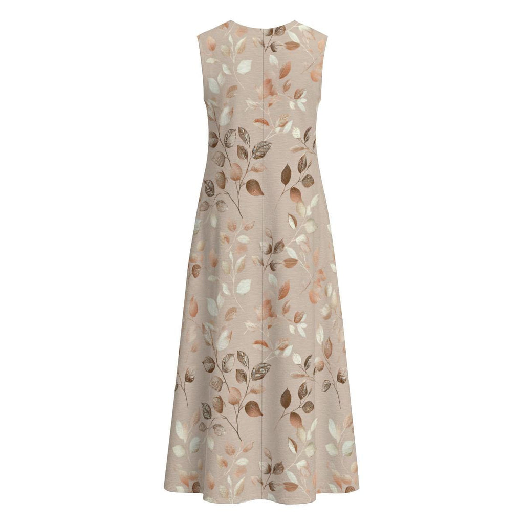 Beige Terracotta Leaf Maxi Dress | Watercolor Botanical Boho Summer A-Line Silhouette