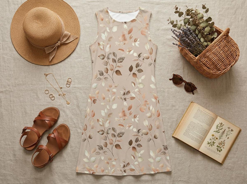 Beige Terracotta Leaf Maxi Dress | Watercolor Botanical Boho Summer A-Line Silhouette