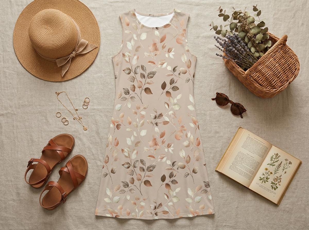 Beige Terracotta Leaf Maxi Dress | Watercolor Botanical Boho Summer A-Line Silhouette