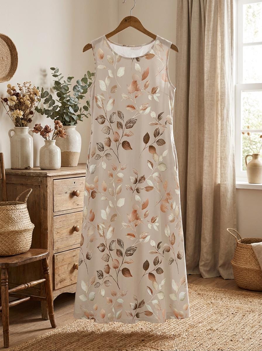Beige Terracotta Leaf Maxi Dress | Watercolor Botanical Boho Summer A-Line Silhouette