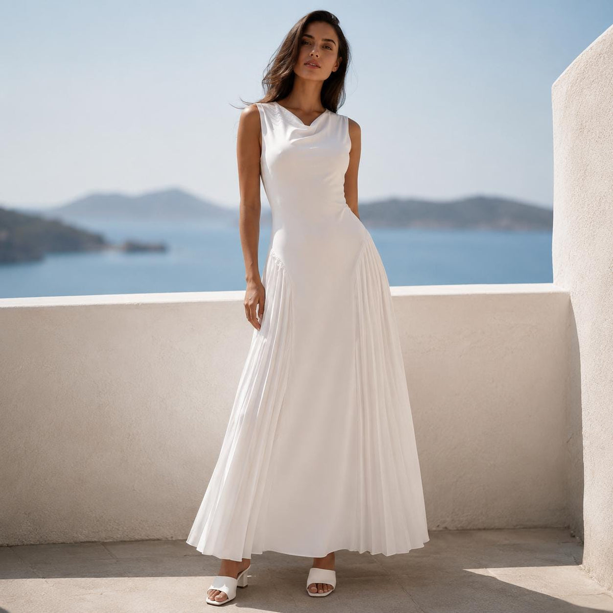 White Maxi Dress, Pleated Dress, Sleeveless Dress, Summer Dress Women, Elegant White Dress, Resort Dress, Wedding Guest Dress