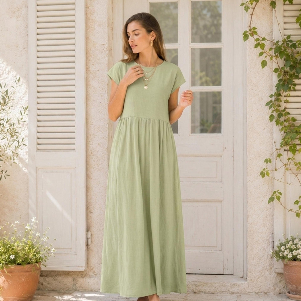 Summer Round Neck Maxi Dress, Vacation Resort Short Sleeve Wear, Casual Everyday Outfit for Women