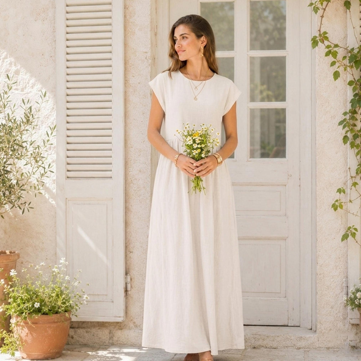 Summer Round Neck Maxi Dress, Vacation Resort Short Sleeve Wear, Casual Everyday Outfit for Women