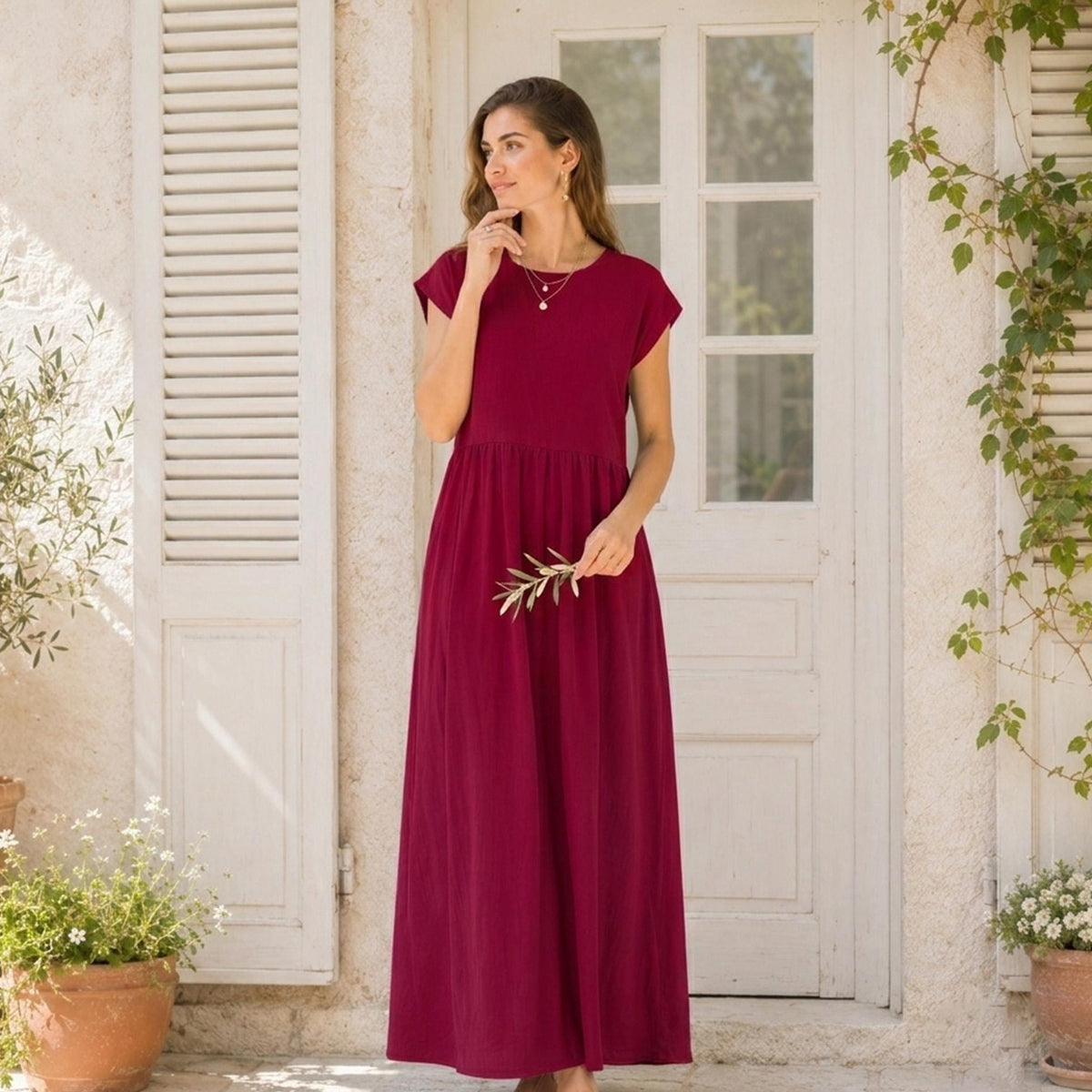 Summer Round Neck Maxi Dress, Vacation Resort Short Sleeve Wear, Casual Everyday Outfit for Women