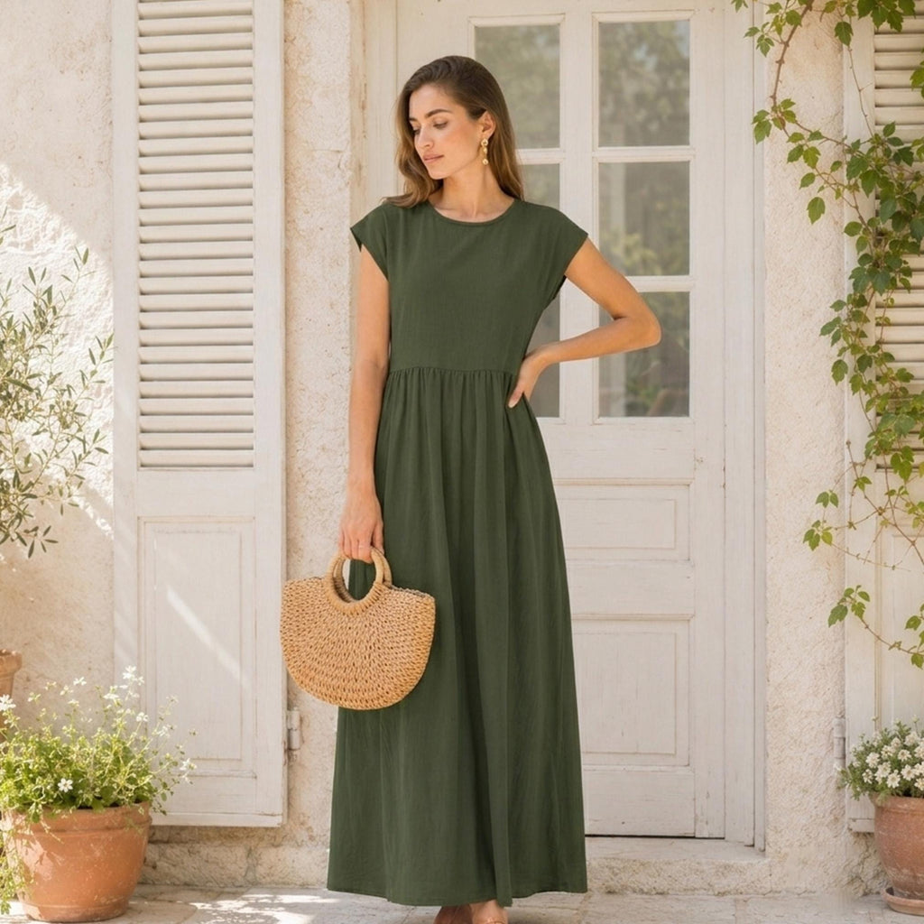 Summer Round Neck Maxi Dress, Vacation Resort Short Sleeve Wear, Casual Everyday Outfit for Women