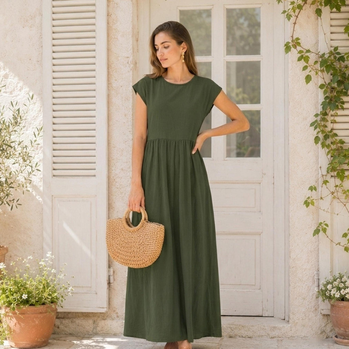 Summer Round Neck Maxi Dress, Vacation Resort Short Sleeve Wear, Casual Everyday Outfit for Women