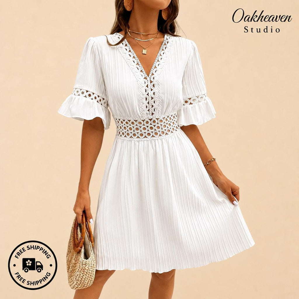 White Beach Dress Women V Neck Hollow Out Summer Dress