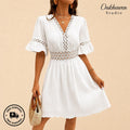 White Beach Dress Women V Neck Hollow Out Summer Dress