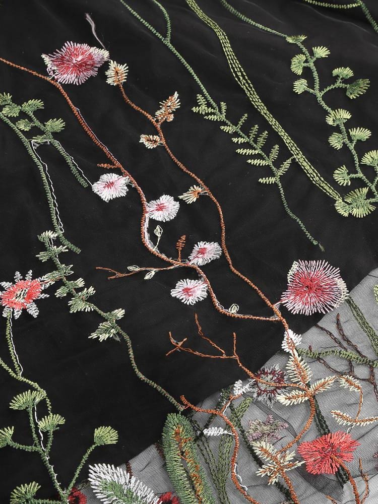 Floral Embroidered Mesh Midi Dress, Wildflower Tulle Party Dress, Short Sleeve Fit and Flare Dress for Wedding Guest