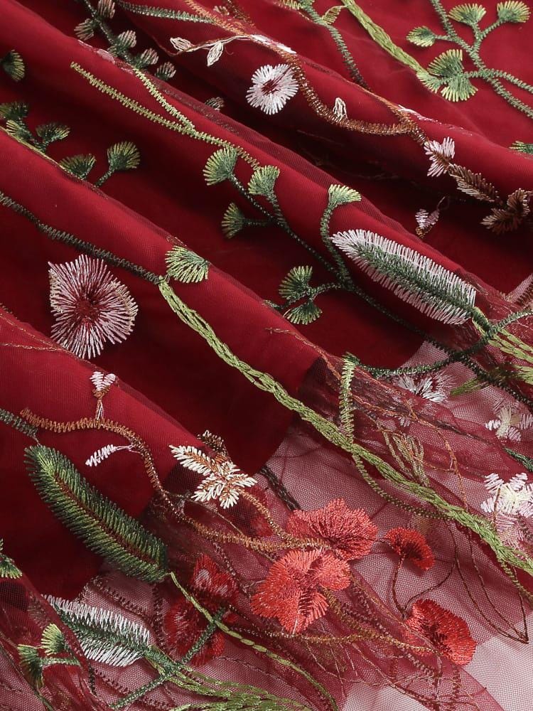 Floral Embroidered Mesh Midi Dress, Wildflower Tulle Party Dress, Short Sleeve Fit and Flare Dress for Wedding Guest