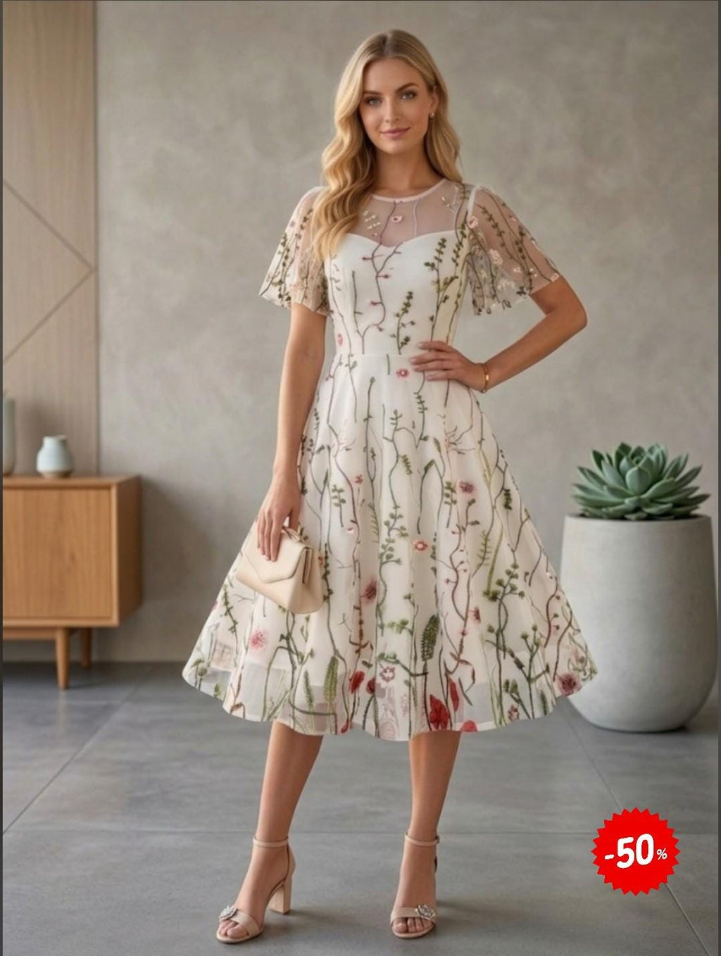 Floral Embroidered Mesh Midi Dress, Wildflower Tulle Party Dress, Short Sleeve Fit and Flare Dress for Wedding Guest
