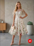Floral Embroidered Mesh Midi Dress, Wildflower Tulle Party Dress, Short Sleeve Fit and Flare Dress for Wedding Guest