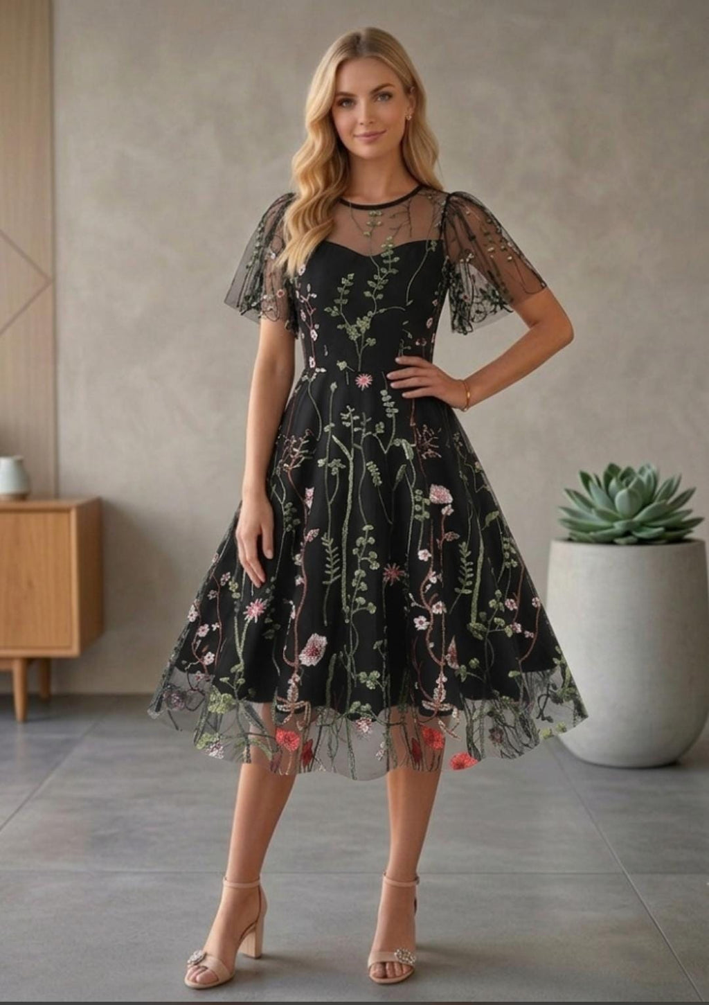 Floral Embroidered Mesh Midi Dress, Wildflower Tulle Party Dress, Short Sleeve Fit and Flare Dress for Wedding Guest