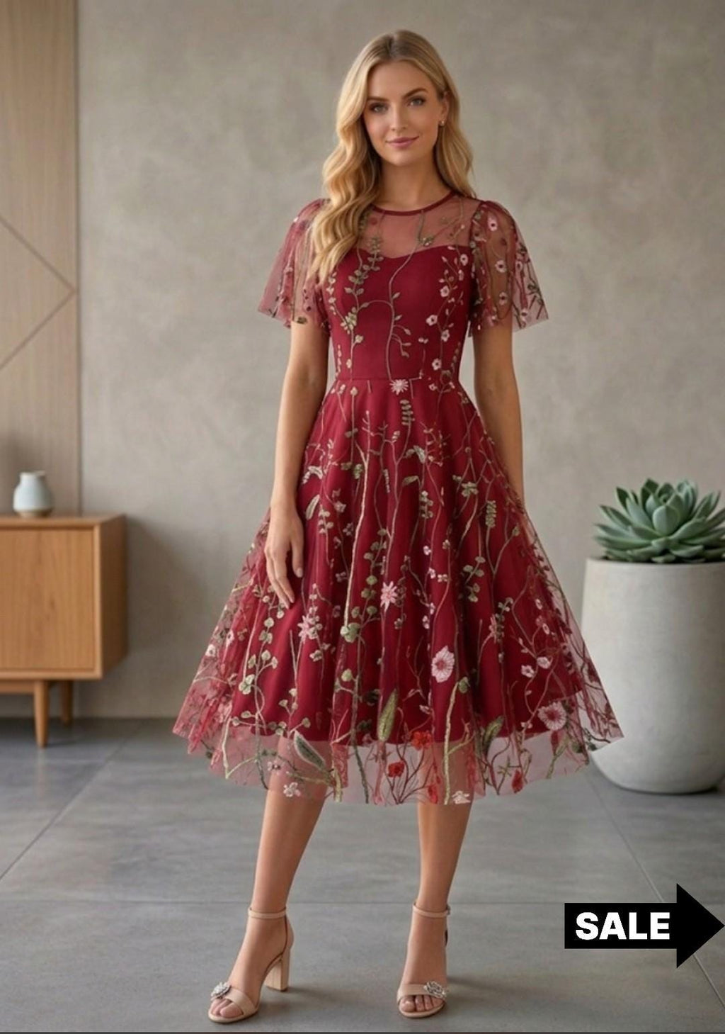 Floral Embroidered Mesh Midi Dress, Wildflower Tulle Party Dress, Short Sleeve Fit and Flare Dress for Wedding Guest