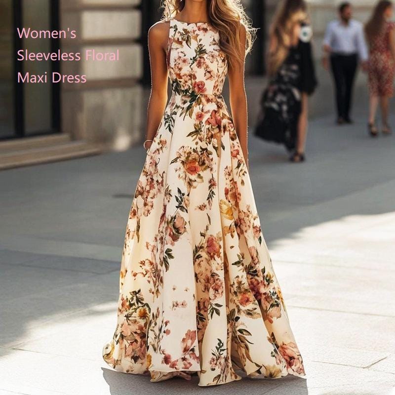 Women's Sleeveless Floral Maxi Dress | Boho Wedding Guest Dress | Elegant Summer Evening Gown | Gift for her | Summer Floral Dress