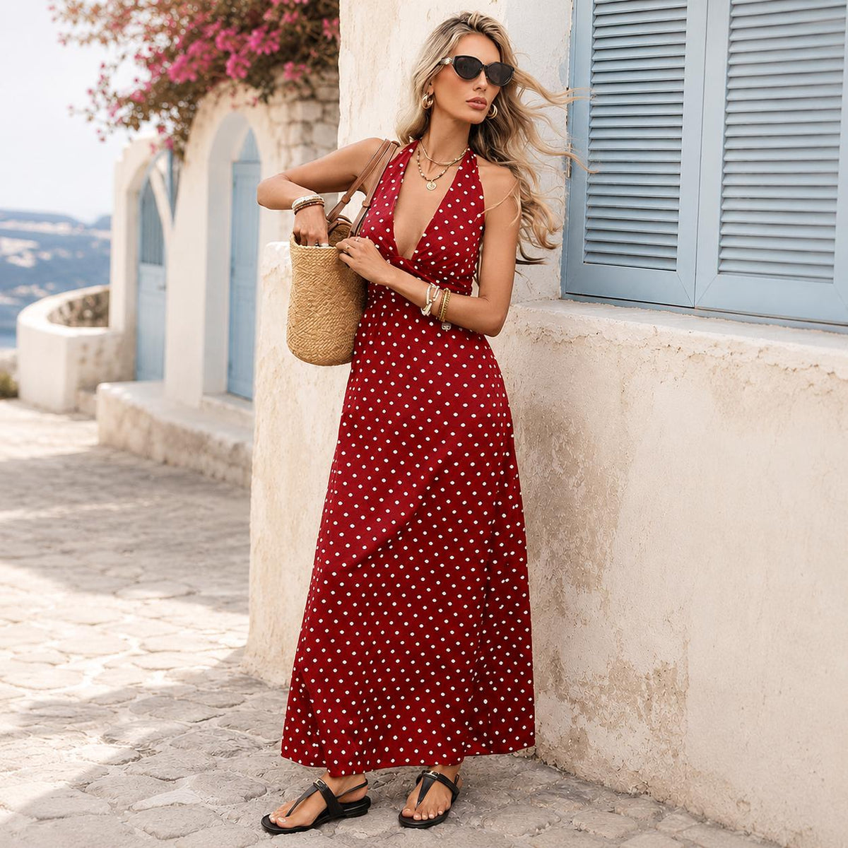 Polka Dot Maxi Dress for Women, Halter Neck Summer Dress, Backless Vacation Dress, Boho Beach Dress, Mediterranean Resort Wear