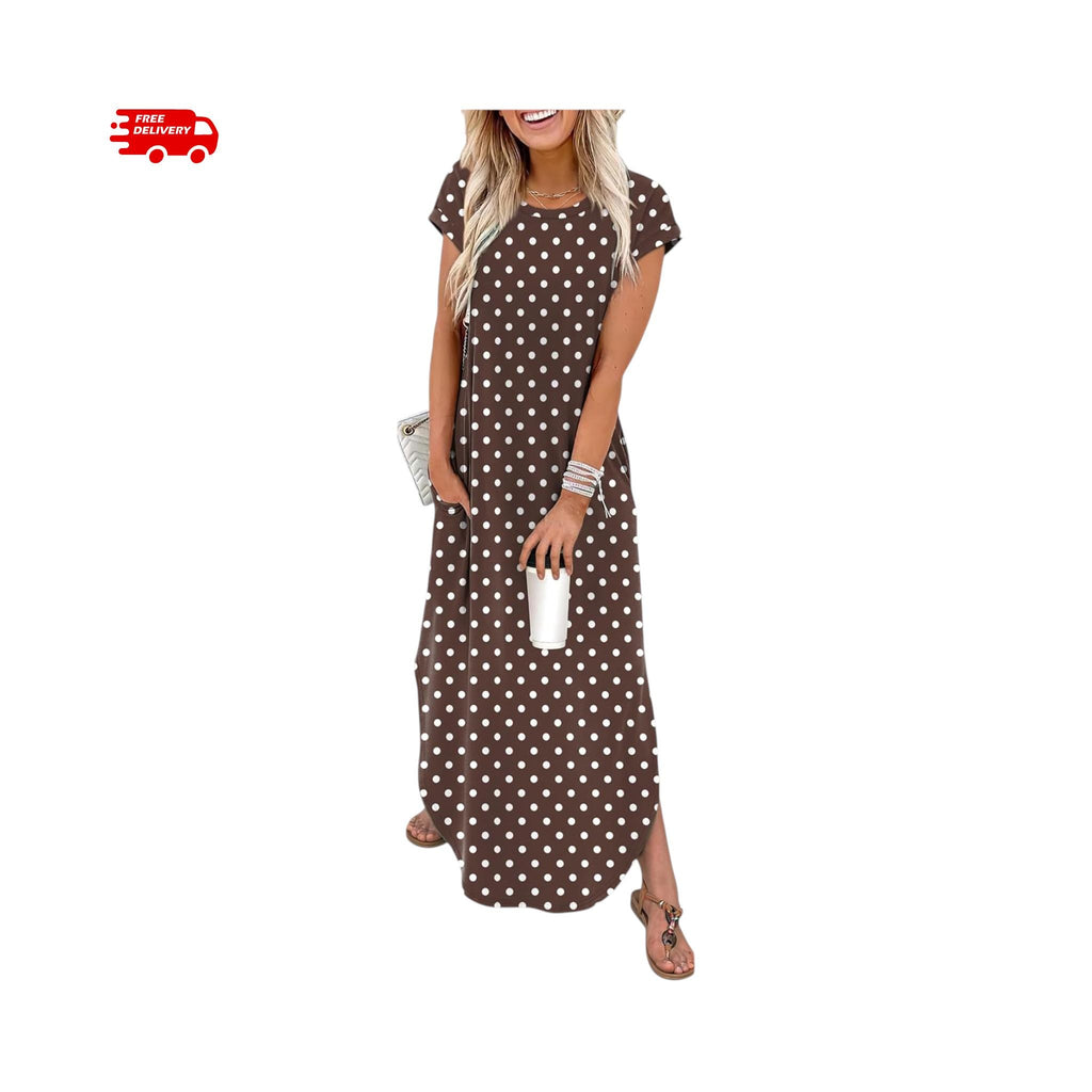 Summer Maxi Dress Women Cap Sleeve Crew Neck Casual Beach Vacation Sundress with Pockets