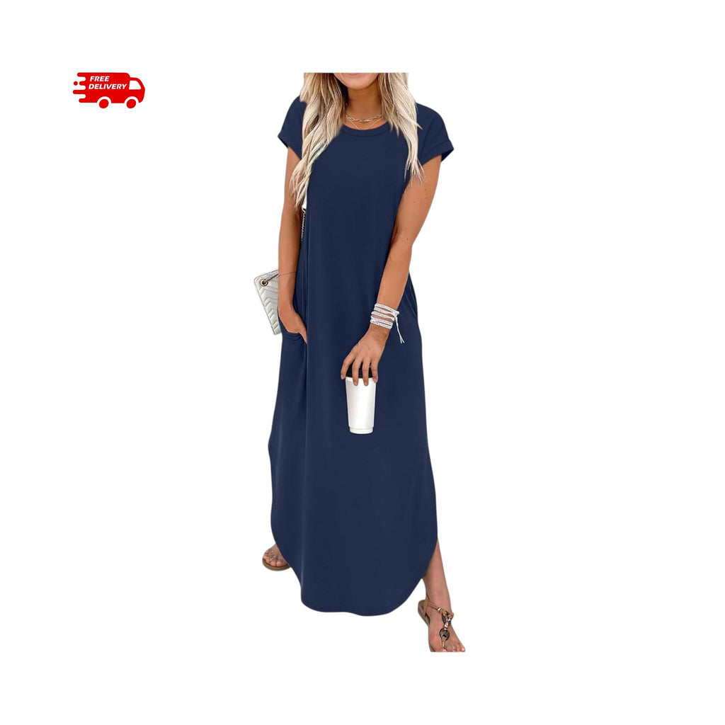 Summer Maxi Dress Women Cap Sleeve Crew Neck Casual Beach Vacation Sundress with Pockets