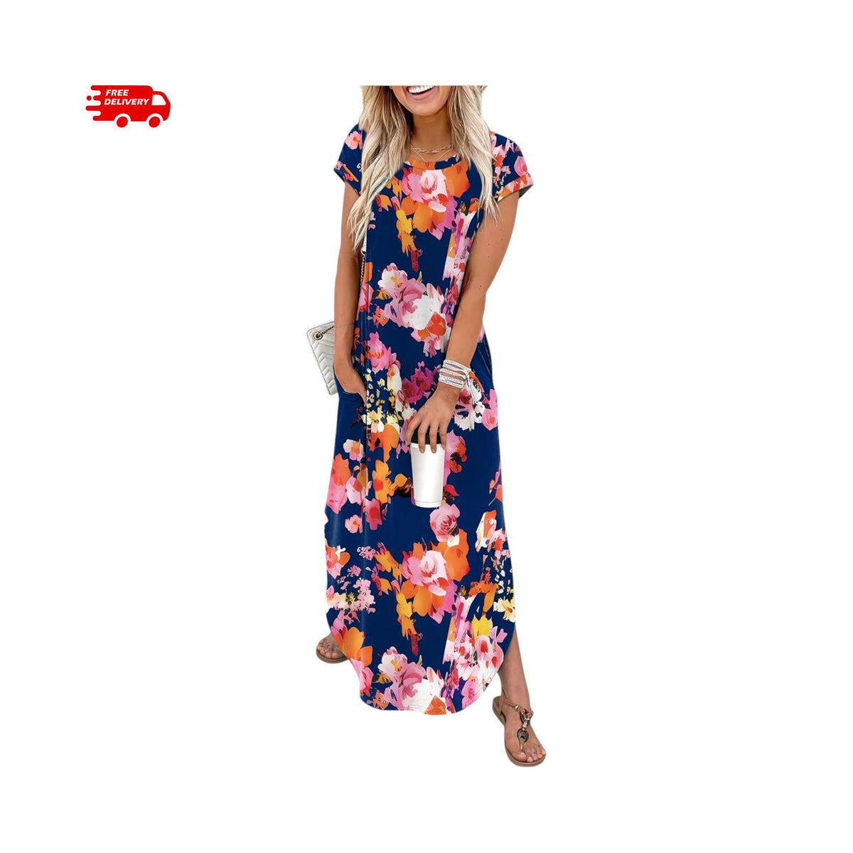 Summer Maxi Dress Women Cap Sleeve Crew Neck Casual Beach Vacation Sundress with Pockets