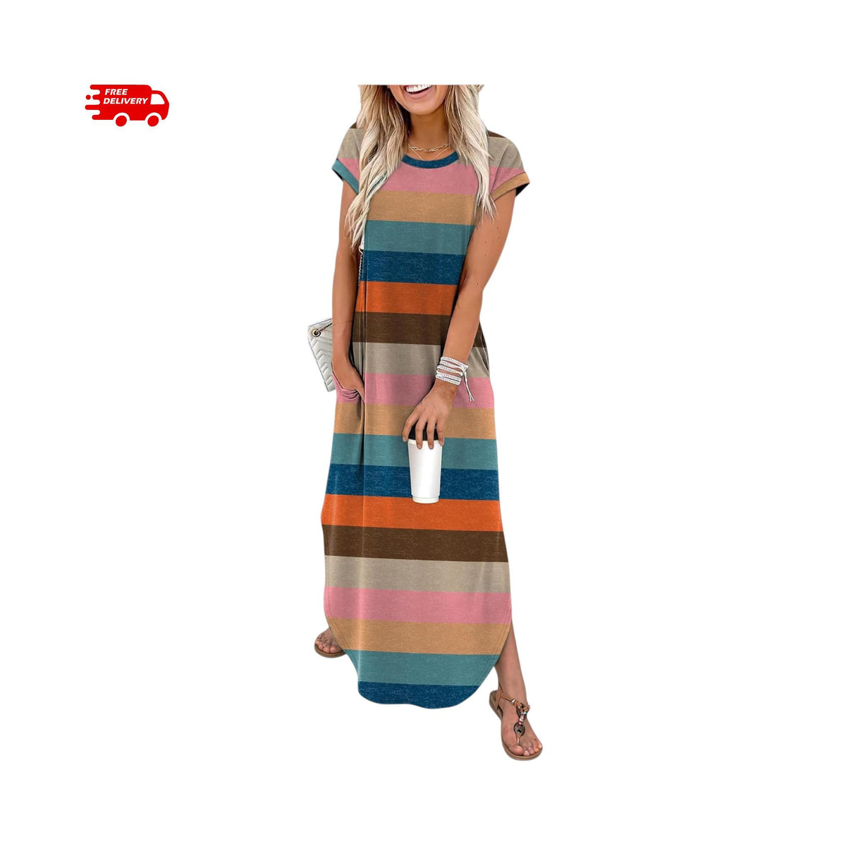 Summer Maxi Dress Women Cap Sleeve Crew Neck Casual Beach Vacation Sundress with Pockets