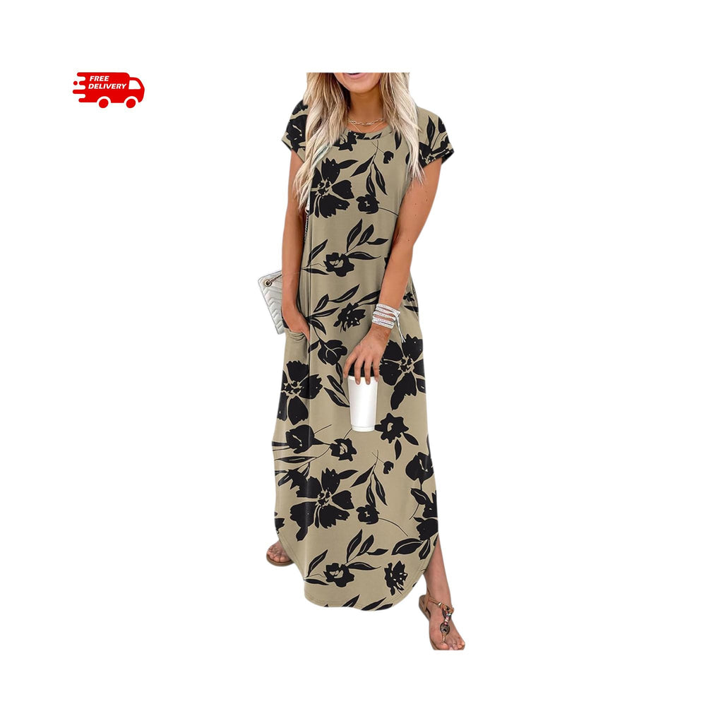 Summer Maxi Dress Women Cap Sleeve Crew Neck Casual Beach Vacation Sundress with Pockets