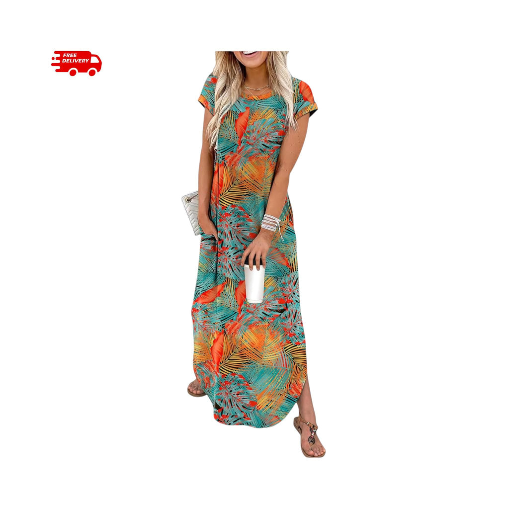 Summer Maxi Dress Women Cap Sleeve Crew Neck Casual Beach Vacation Sundress with Pockets