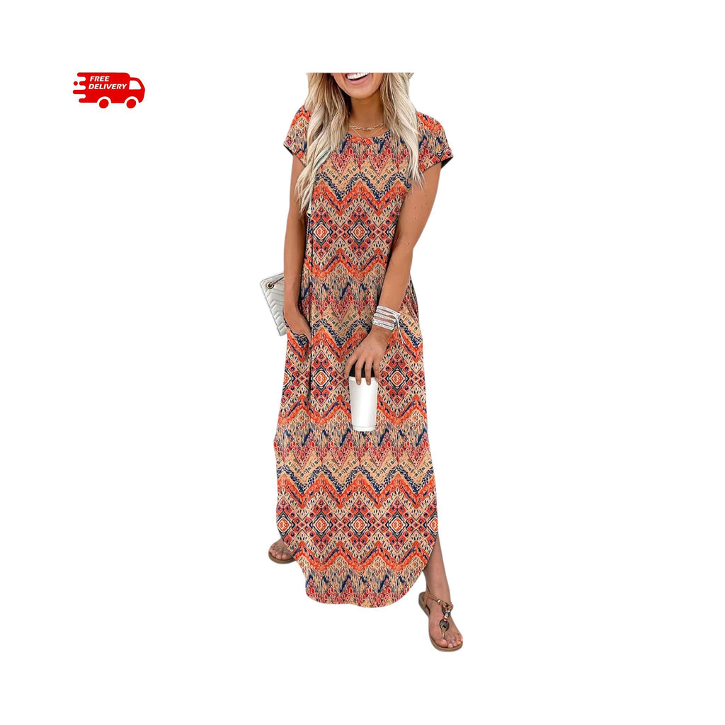 Summer Maxi Dress Women Cap Sleeve Crew Neck Casual Beach Vacation Sundress with Pockets