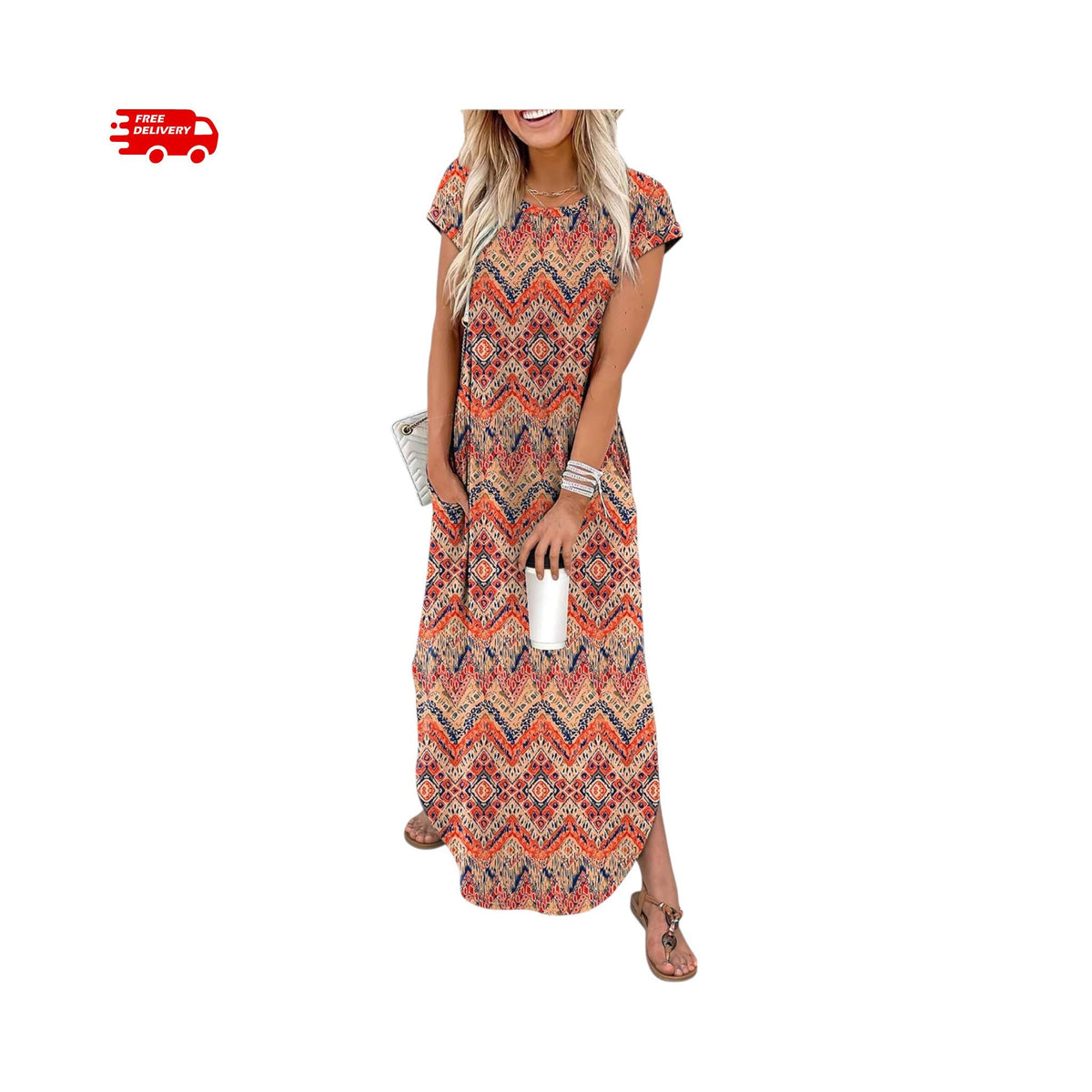 Summer Maxi Dress Women Cap Sleeve Crew Neck Casual Beach Vacation Sundress with Pockets