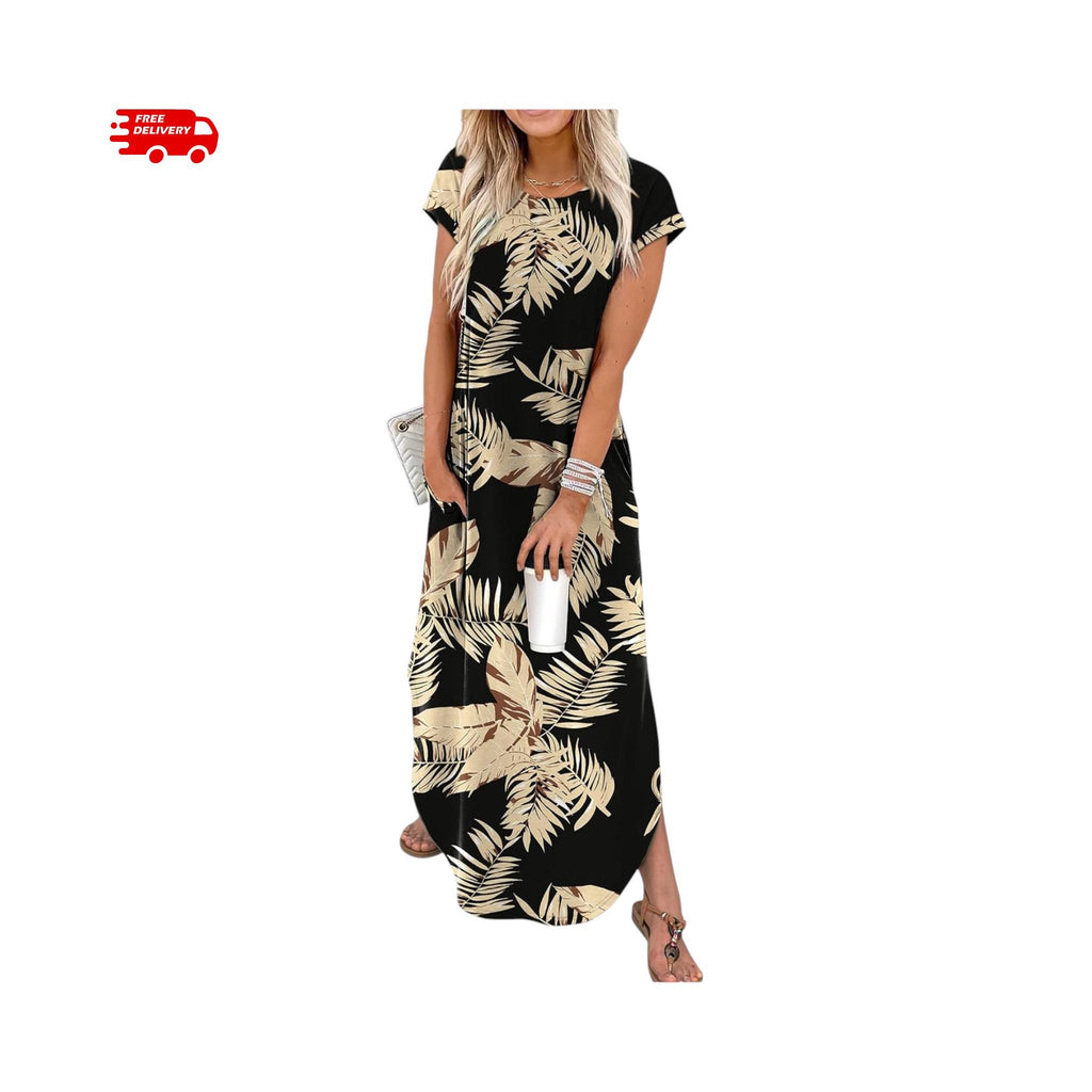 Summer Maxi Dress Women Cap Sleeve Crew Neck Casual Beach Vacation Sundress with Pockets