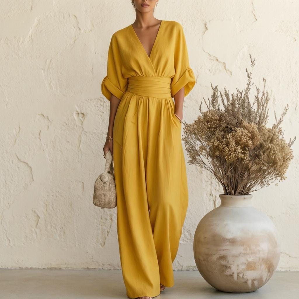 Women Boho Chic Wide-Leg Jumpsuit with Deep V-Neck and Batwing Sleeves, Effortless Summer Elegance for Work, Beach, Vacation and Casual