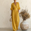 Women Boho Chic Wide-Leg Jumpsuit with Deep V-Neck and Batwing Sleeves, Effortless Summer Elegance for Work, Beach, Vacation and Casual