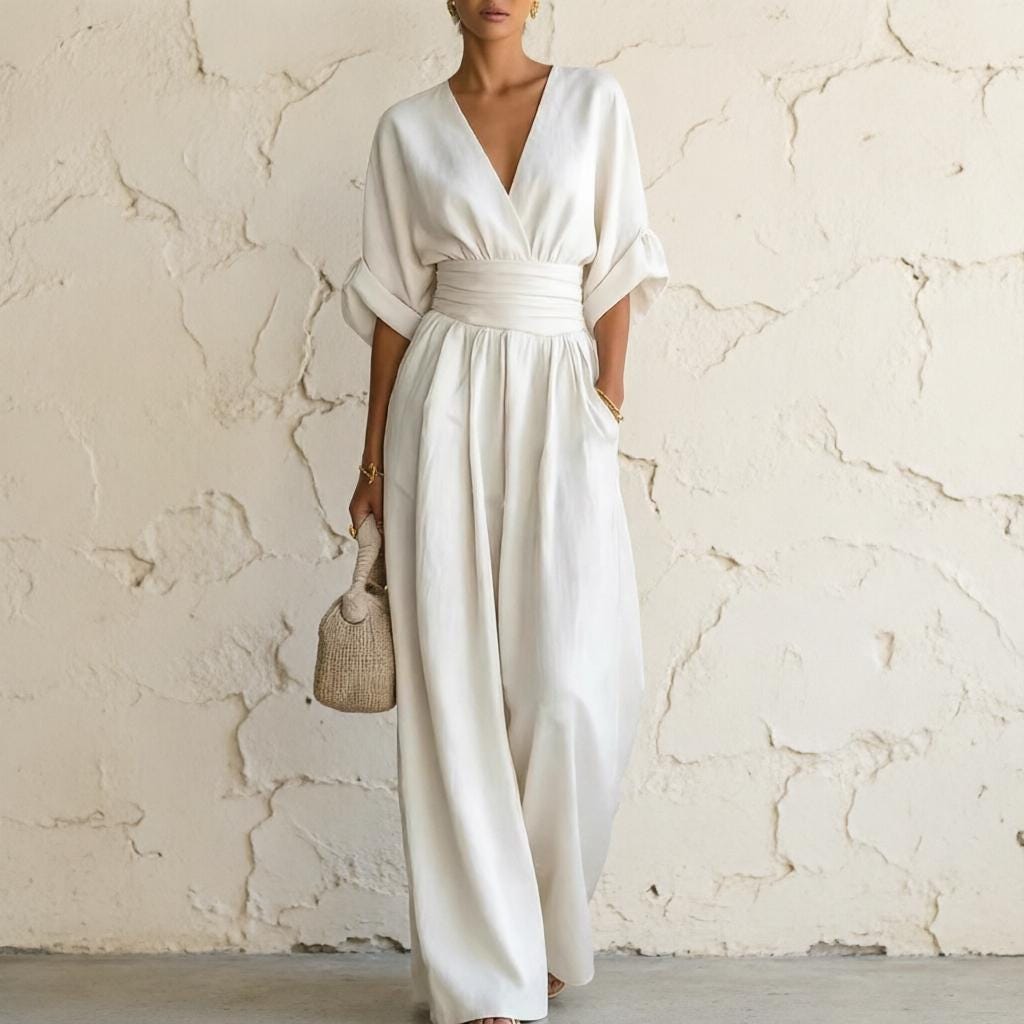 Women Boho Chic Wide-Leg Jumpsuit with Deep V-Neck and Batwing Sleeves, Effortless Summer Elegance for Work, Beach, Vacation and Casual