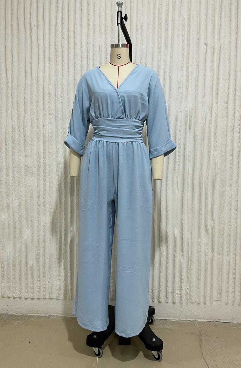 Women Boho Chic Wide-Leg Jumpsuit with Deep V-Neck and Batwing Sleeves, Effortless Summer Elegance for Work, Beach, Vacation and Casual