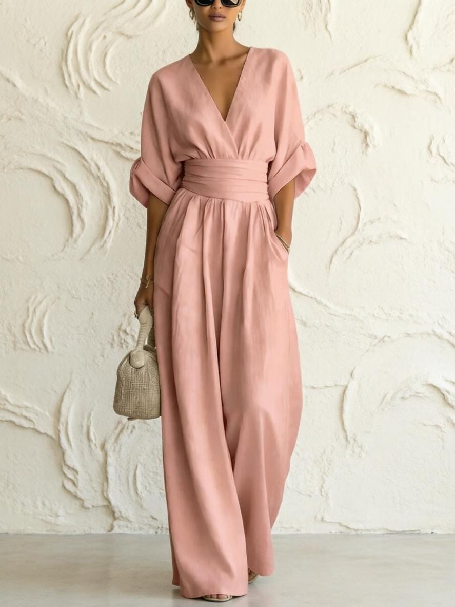 Women Boho Chic Wide-Leg Jumpsuit with Deep V-Neck and Batwing Sleeves, Effortless Summer Elegance for Work, Beach, Vacation and Casual