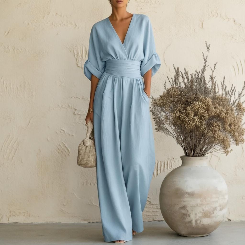 Women Boho Chic Wide-Leg Jumpsuit with Deep V-Neck and Batwing Sleeves, Effortless Summer Elegance for Work, Beach, Vacation and Casual