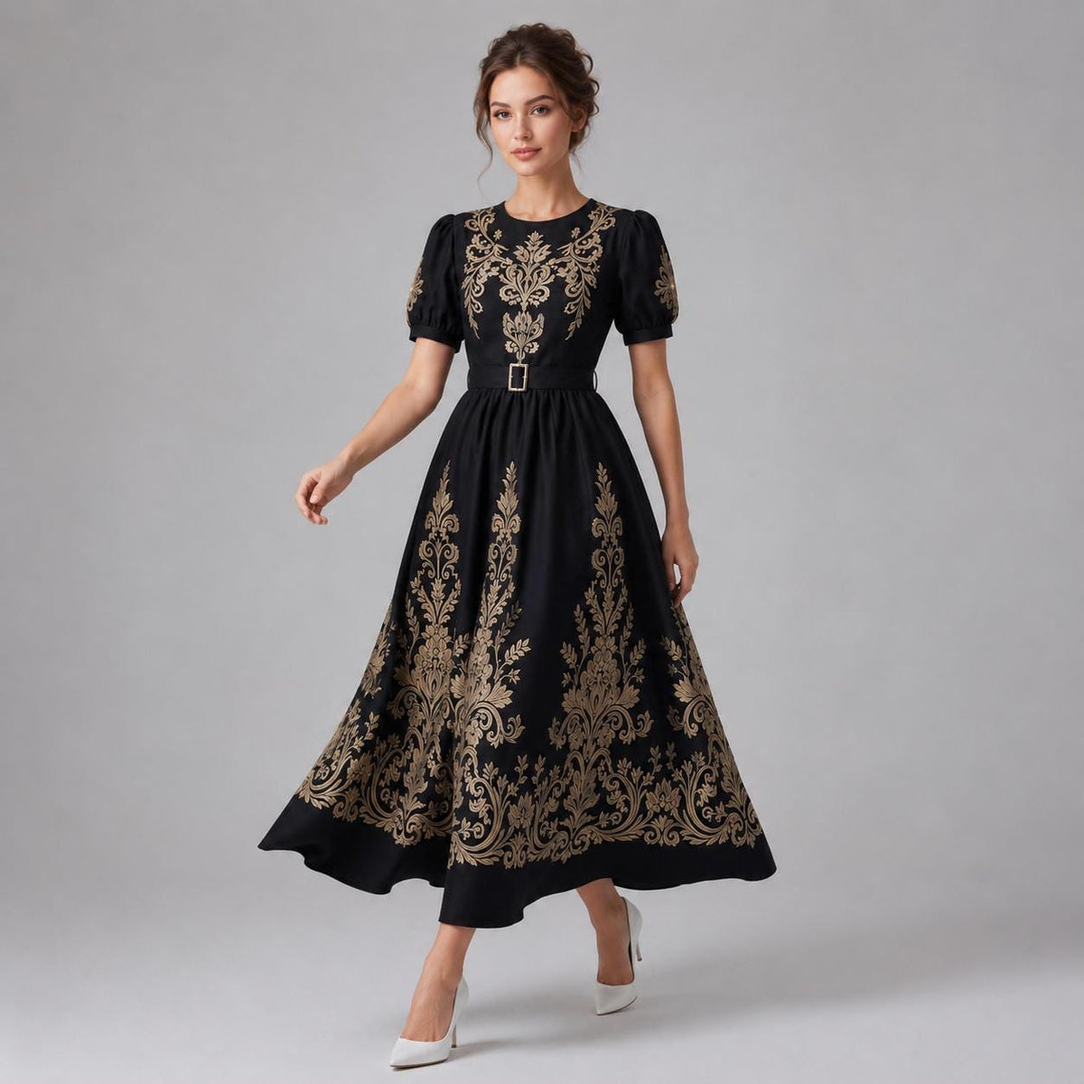 Black Gold Floral Embroidered Maxi Dress | Vintage Style Puff Sleeve Belted Gown