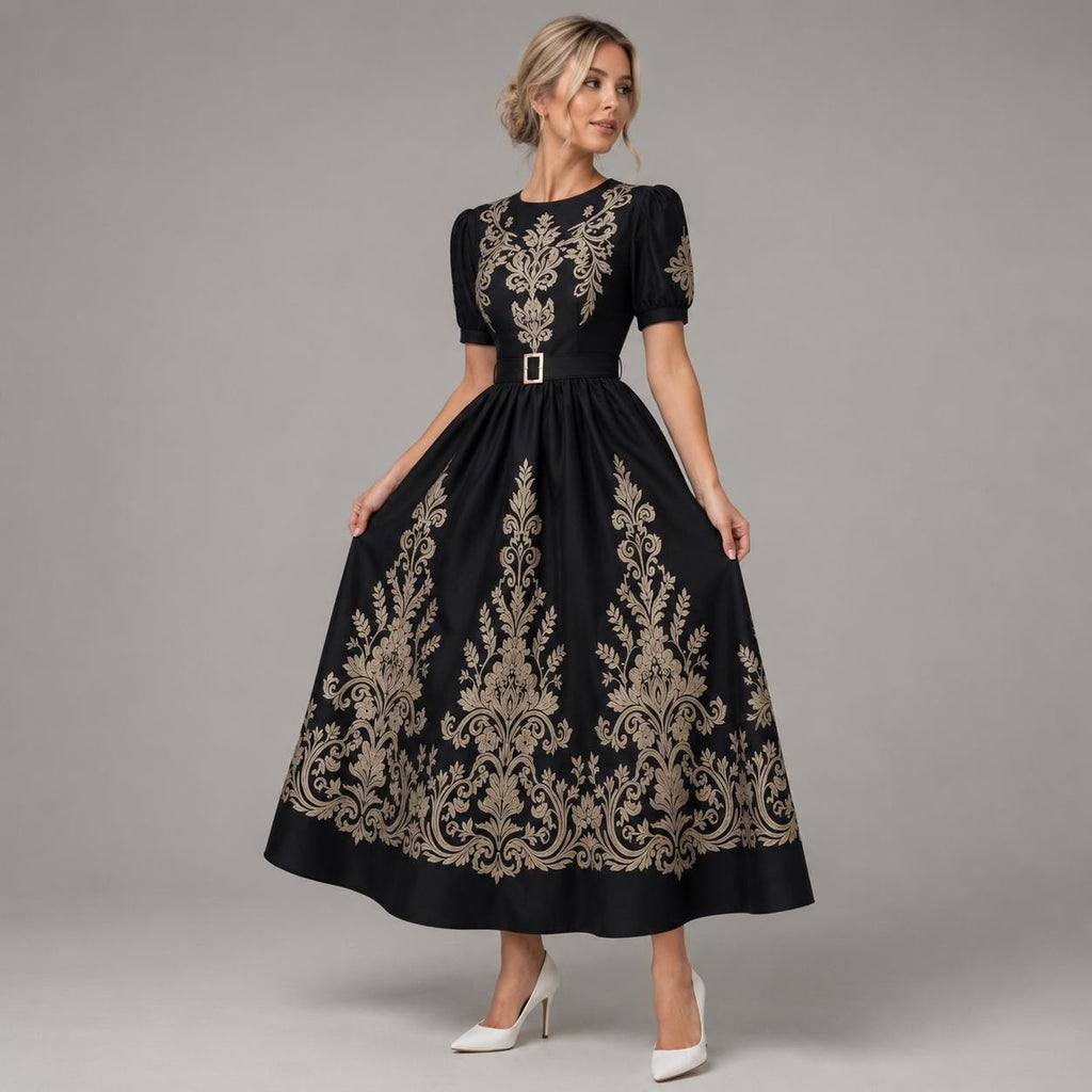 Black Gold Floral Embroidered Maxi Dress | Vintage Style Puff Sleeve Belted Gown