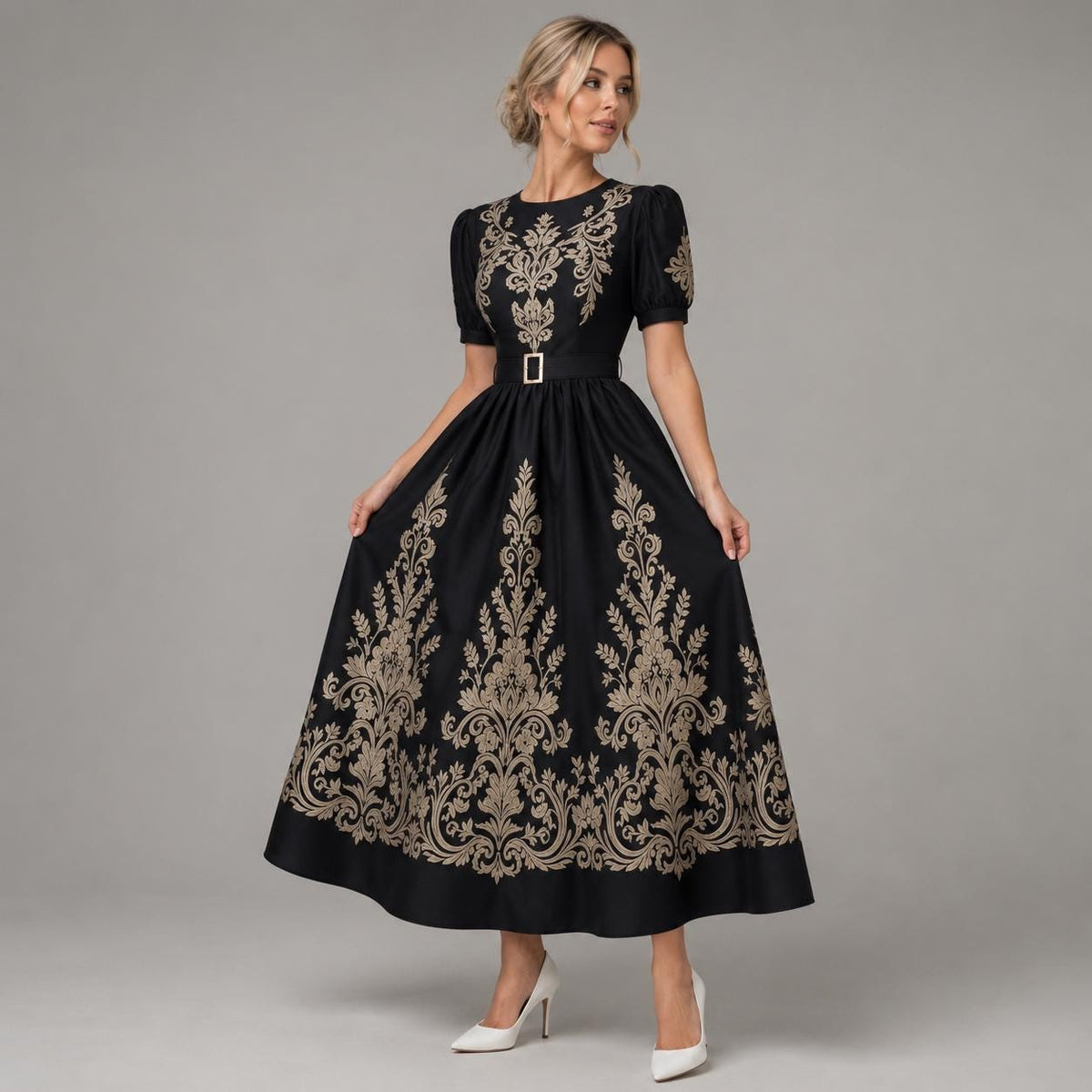 Black Gold Floral Embroidered Maxi Dress | Vintage Style Puff Sleeve Belted Gown