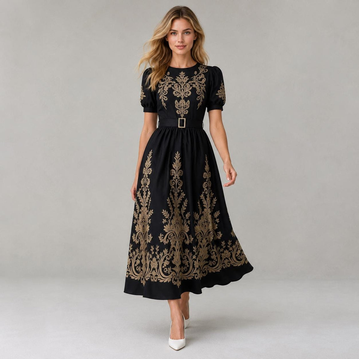Black Gold Floral Embroidered Maxi Dress | Vintage Style Puff Sleeve Belted Gown