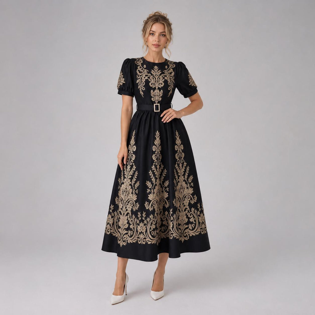 Black Gold Floral Embroidered Maxi Dress | Vintage Style Puff Sleeve Belted Gown